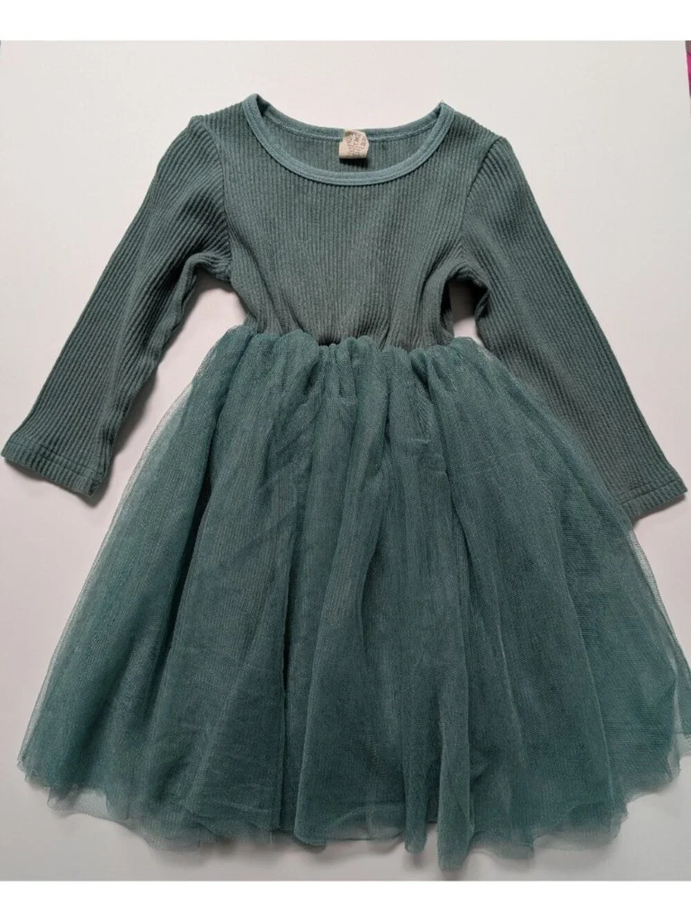 The Wandering Weave Green Skinny Rib Organic Cotton Tulle Dress 18-24